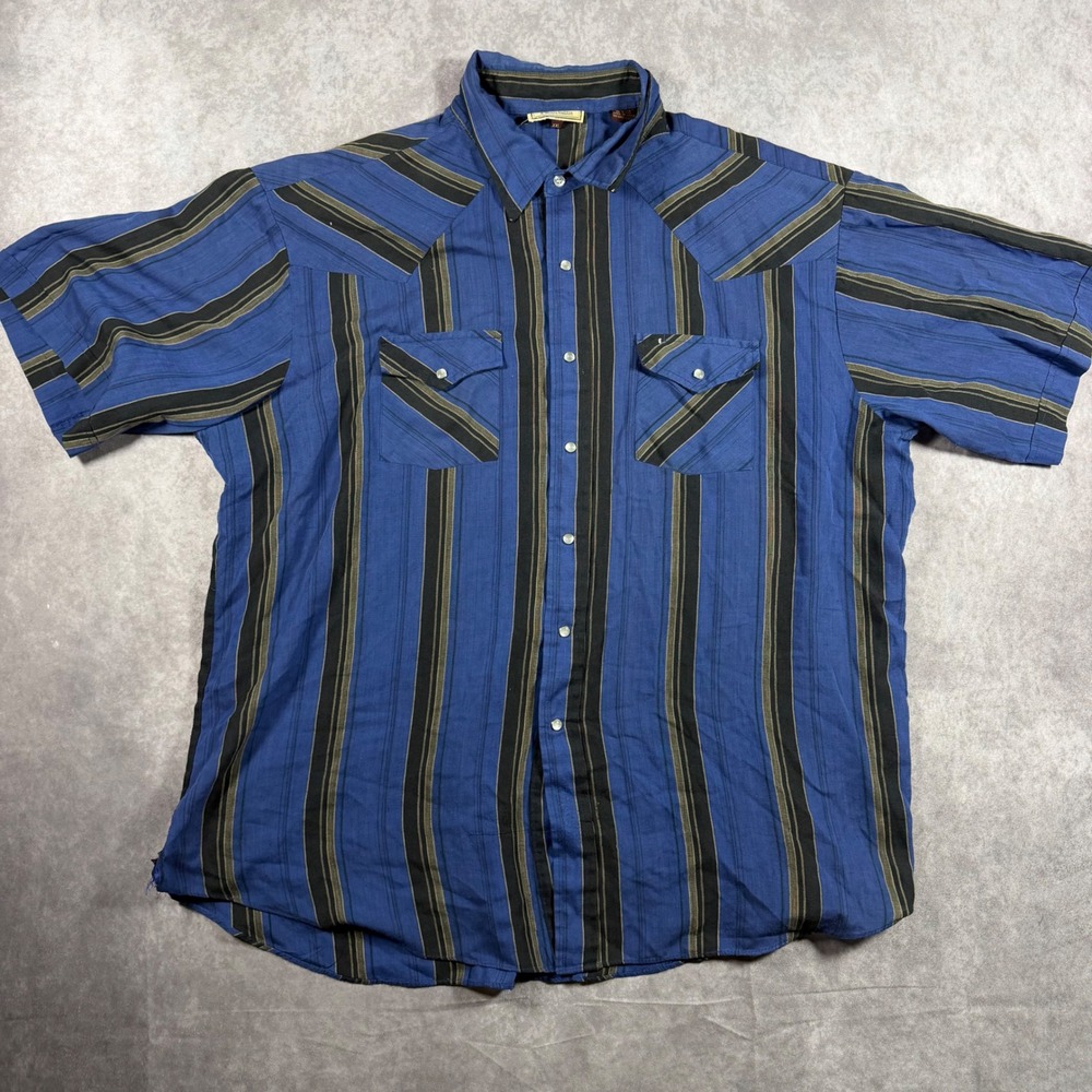 Cattle Baron Mens XXL Blue Striped Short Sleeve Western Pearl Snap Shirt Cowboy